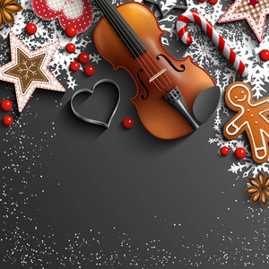 圣诞节背景与小提琴, 装饰品和雪花