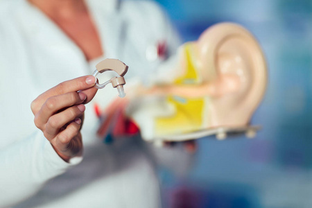医学博士，女性教授解剖使用耳模型和助听器
