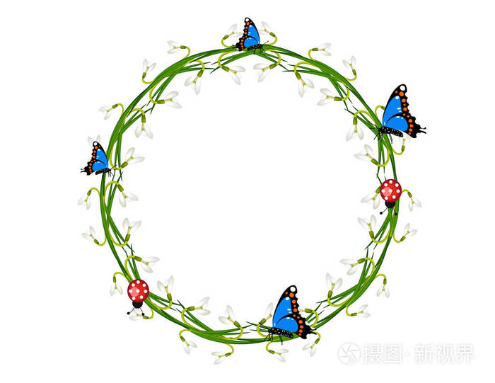 美丽的圆形花圈,雪花蝴蝶和瓢虫孤立在白色背景上