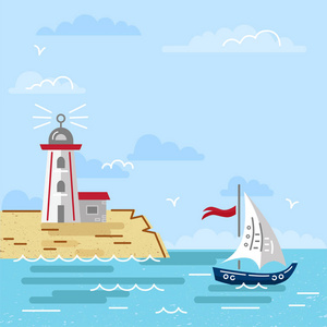 夏季海上景观，岛上有灯塔和游艇。平面和线条样式矢量插图。旅行概念。你好，夏卡。