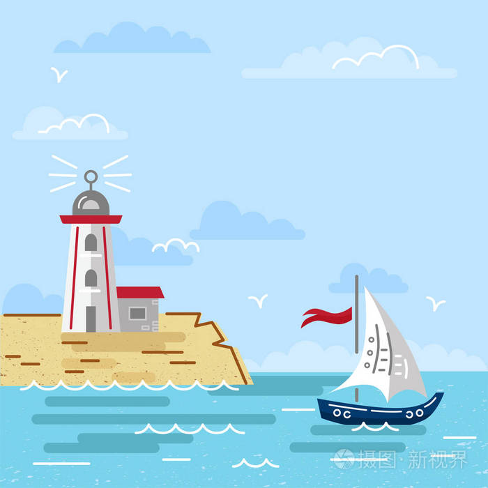 夏季海上景观,岛上有灯塔和游艇.平面和线条样式矢量插图.旅行概念.
