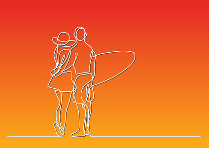 一对年轻夫妇用冲浪板站在海滩上的线条画