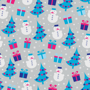 无缝的圣诞图案与圣诞树，雪人和礼品盒的形象。