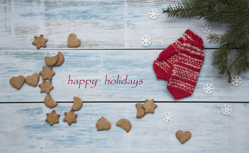 圣诞快乐，新年快乐卡片模板，姜饼，饼干，针织手套，冷杉枝