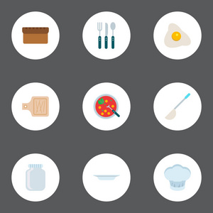 一套食品图标扁平风格的符号与板, 汤, 烹饪帽和其他图标为您的网络移动应用程序标志设计