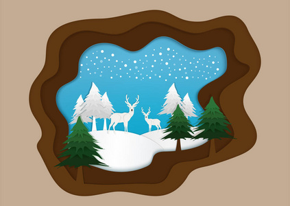 鹿和野生动物居住的矢量自然和森林，圣诞节和新年快乐。 剪纸和插图，可用作背景。