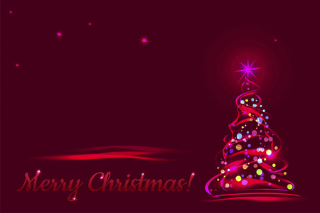 圣诞快乐 贺卡与圣诞树红色背景。 矢量模板插图。