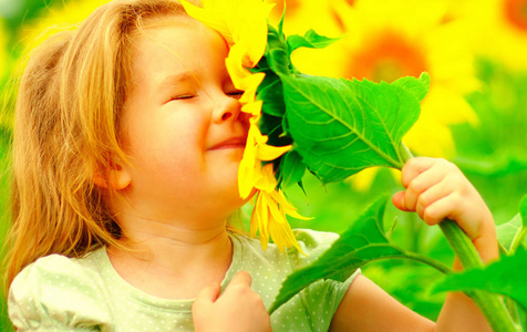 夏天，快乐的小女孩在田野上闻着一朵向日葵。