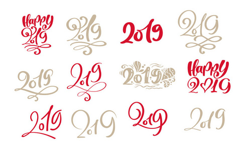 一套向量丑闻书法刻字圣诞文字2019年设计卡模板。创意排版假日问候礼品海报。书法字体样式横幅