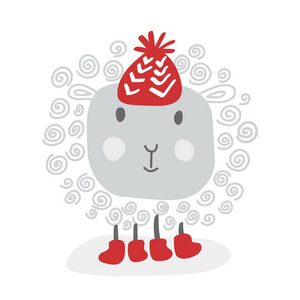 有趣的矢量涂鸦白羊在红色的冬季帽子, 素描为您的设计。隔离在白色背景上