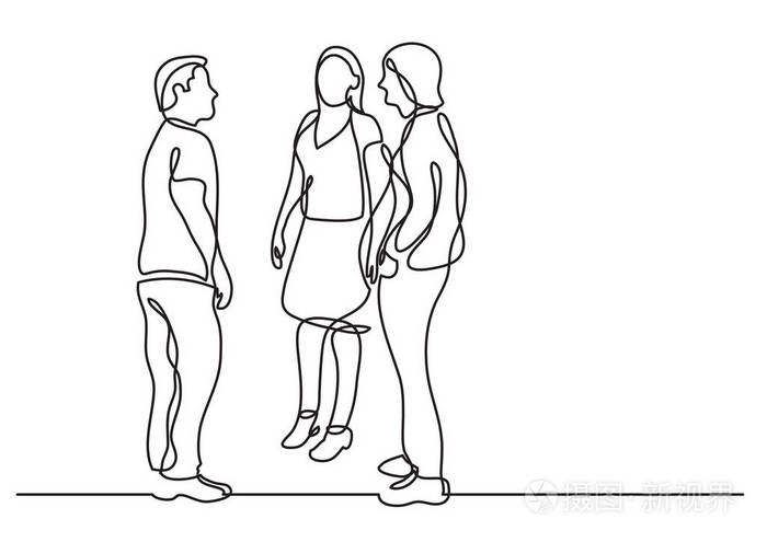 三位同事站着交谈的连续画线