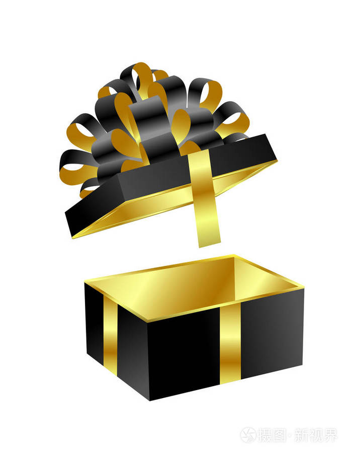 打开闪亮的黑色圣诞礼品盒隔离白色背景