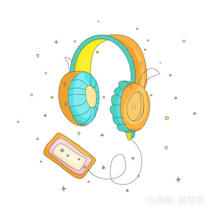有趣的卡通彩色耳机与复古播放器盒式磁带.