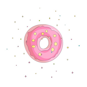 甜蜜的粉红色甜甜圈卡通图标与五颜六色的装饰。矢量图标漫画美味的甜甜圈与孔。甜的粉红色圆甜甜圈与装饰在白色背景