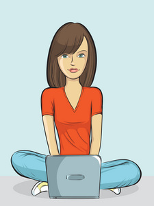 易可编辑一个女孩拿着笔记本电脑坐在地板上的矢量图.