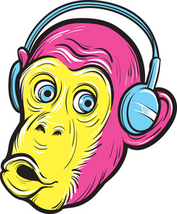 带耳机的惊讶猴子的矢量插图。 易于编辑分层矢量EPS10文件可扩展到任何大小，没有质量损失。 包括高分辨率光栅jpg文件。