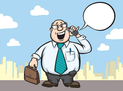 包文婧卡通胖子商人带手机和公文包的矢量插图.