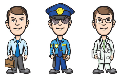 矢量插图三名卡通专业商人警察医生.