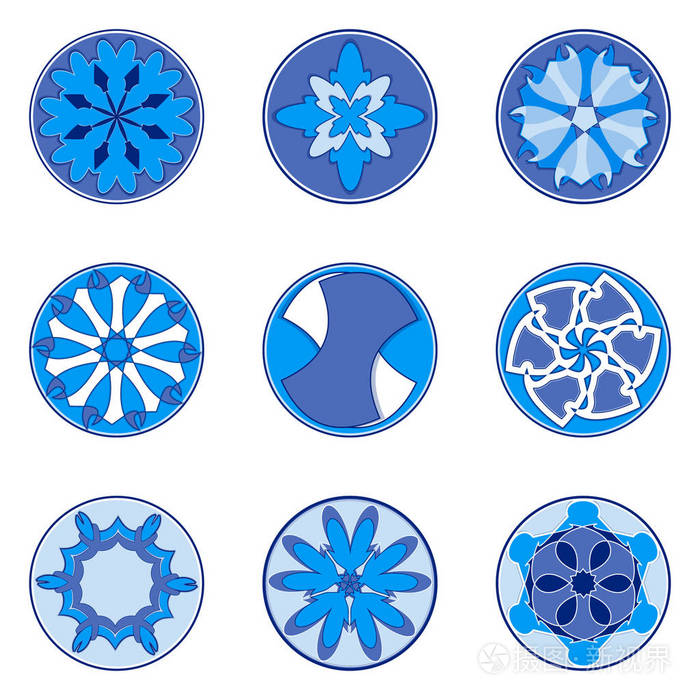 一组九个圆形图案矢量插图