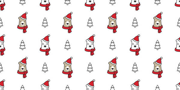 熊无缝图案矢量圣诞树北极熊圣诞老人帽子围巾卡通插图背景重复壁纸
