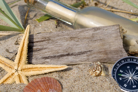 木刻板和海洋装饰的瓶子里的信息