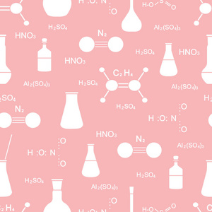 科学矢量无缝图案与烧瓶分子结构和公式。 教育要素。 化学生物医学。