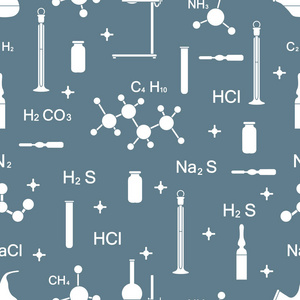 科学矢量无缝图案与烧瓶试管烧杯工具和公式。 教育要素。 化学生物医学。