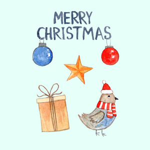 水彩圣诞卡与鸟和礼品盒