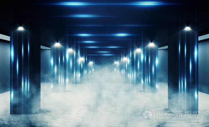 夜间混凝土地板桩空停车的背景 霓虹灯烟雾烟雾反射 光的几何线条照片 正版商用图片14jvgs 摄图新视界