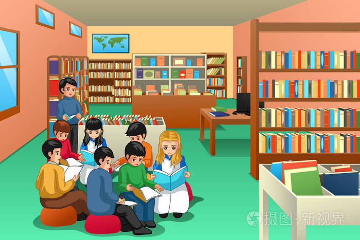 一组在图书馆学习的学童的矢量图