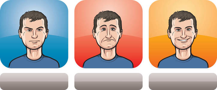 矢量插图严肃的人脸在三种表情中性悲伤和快乐的头和肩膀组成。 分层向量EPS10格式文件。