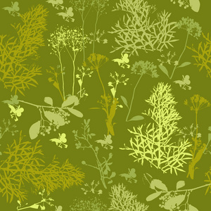 绿色背景上各种草药的无缝剪影图案。