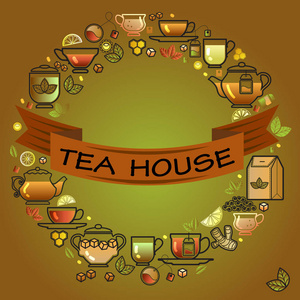 茶屋卡。 圆形框架，杯叶柠檬壶和棕色丝带在绿色背景。 矢量模板。