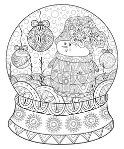 一个可爱的雪人，穿着圣诞装饰球，带有圣诞玩具形象，供成人Zen艺术风格插图，供放松。海报设计为印刷。