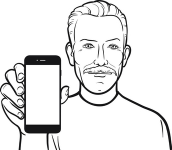 一位胡子老人在智能手机上显示移动应用程序的线条图