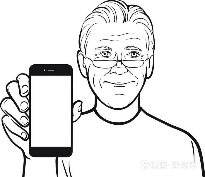 一位戴眼镜的老人在智能手机上显示移动应用程序的线条图插画-正版
