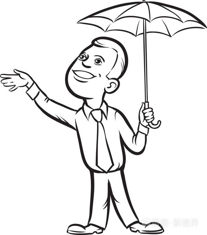 白板画商人用雨伞检查下雨