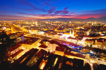 格拉茨市景晚，彩色鸟瞰奥地利的斯特里亚地区