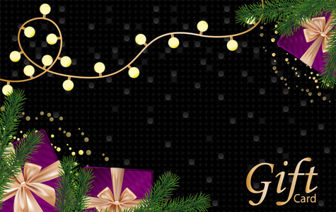 新年和圣诞快乐礼品卡与天鹅绒黄金礼品盒灯泡，黑暗华丽的背景与金色气泡。 文本的地方。 矢量图。