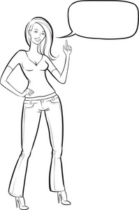 白板画着站着的女人,牛仔裤上有说话的泡泡照片