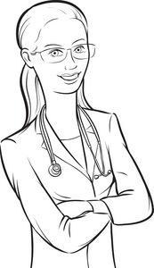 白板画着微笑的女医生戴着眼镜，双臂交叉