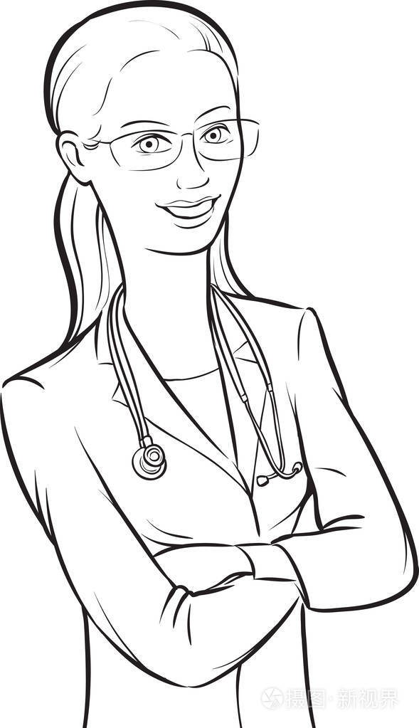 白板画着微笑的女医生戴着眼镜双臂交叉