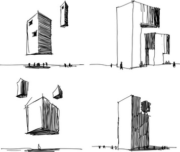 一种现代抽象建筑和未来派飞行和悬浮建筑的手绘建筑结构草图