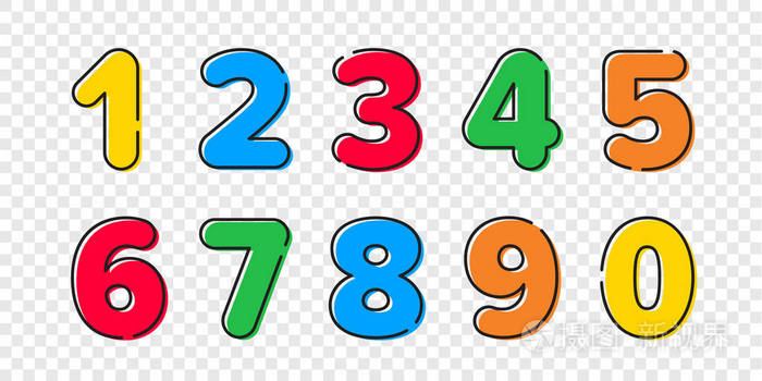 五颜六色的卡通数字字体设置与轮廓矢量明亮的颜色数字集的生日周年