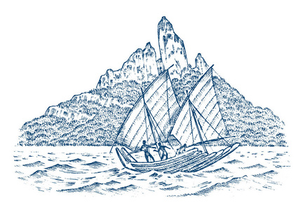 帆船在海上的背景下的山, 夏天的冒险, 积极的假期。海船船或航海船。以复古风格绘制的雕刻手
