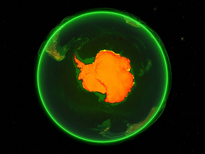 南极在绿色地球上有网络。 可能代表空中交通电信或其他通信网络。 三维插图。 这幅图像的元素由美国宇航局提供。
