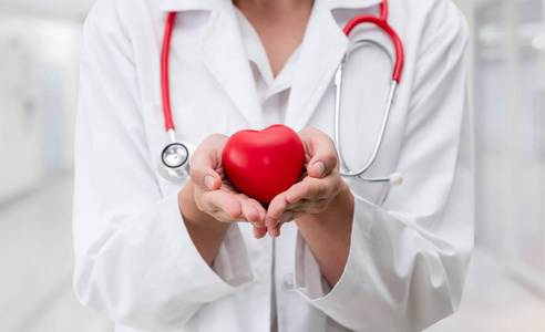 医生在医院办公室捧着一颗红色的心。 医疗保健和医生服务理念。