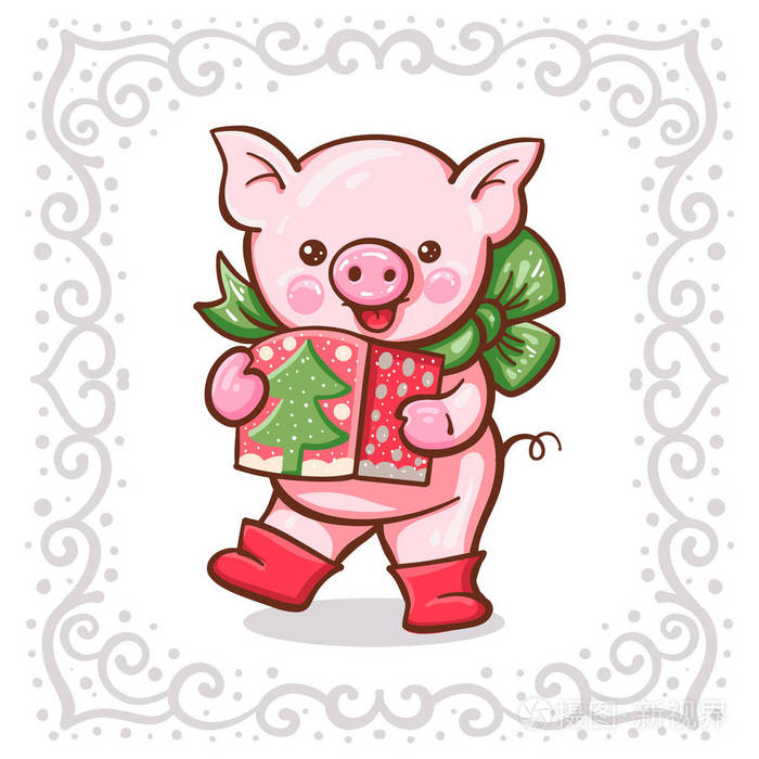 冬季插图与可爱的卡通猪与礼物. 向量