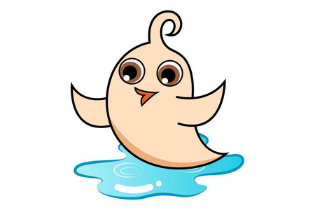 矢量卡通插图可爱的鸟飞在水上. 孤立在白色背景上.照片
