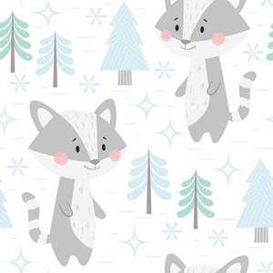 浣熊冬季无缝模式。可爱的动物在雪森林圣诞节打印